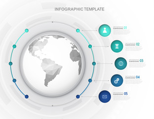 Infographic template with five circles and icons line up beside polygonal map - light version.