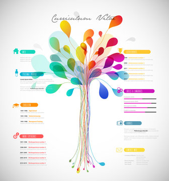 Creative, color rich CV / resume template with abstract tree in the center.