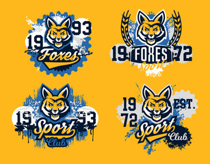 A set of prints on a T-shirt, isolated on a white background, an aggressive American fox, a forest predator. Sports identity, club logo, lettering, text. Vector illustration, grunge effect