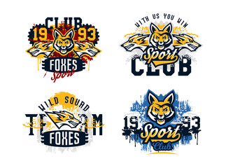 A set of prints on a T-shirt, isolated on a white background, an aggressive American fox, a forest predator. Sports identity, club logo, lettering, text. Vector illustration, grunge effect