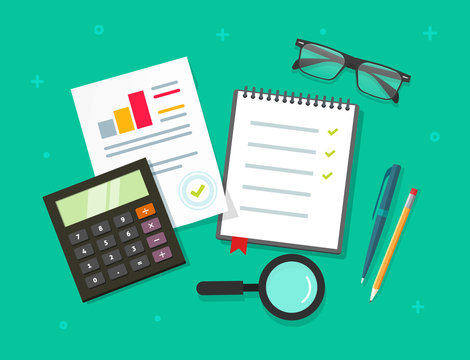 Analytics planning things data on table top view, audit evaluation process, financial research report with graphs, analyzing, survey or checklist on notebook vector illustration flat cartoon style