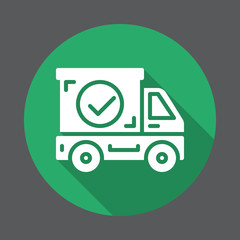 Shipping truck with check mark flat icon. Round colorful button, circular vector sign with long shadow effect. Flat style design