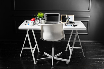 Office leather desk table with computer, supplies