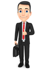Successful businessman character with briefcase showing thumb up on white background. 3d render illustration.