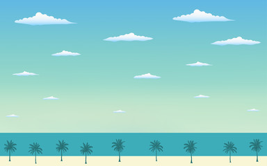Naklejka premium Silhouette palm tree on the beach in flat icon design and blue sky background 