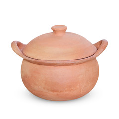Clay pot with cover on white background