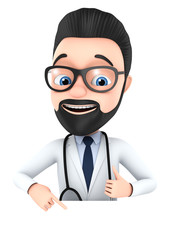 Cheerful doctor points to an empty space. 3d render illustration.