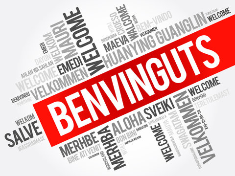 Benvinguts (Welcome in Catalan) word cloud in different languages, conceptual background