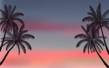 Obraz premium Silhouette palm tree and sunset sky in flat icon design with vintage filter background 