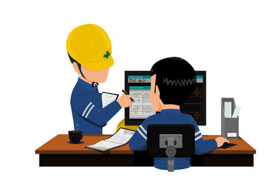 Two engineers are discussing about his work
