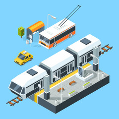 Isometric public transport stations. Bus and train. City road and rails. Vector illustrations isolate on white background