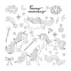 Magic funny icon set. Children doodle style. Wizard, unicorn and miracle. Vector illustration isolate on white background
