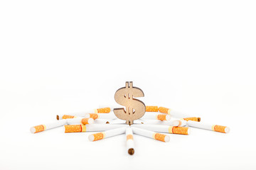 Cigarettes and dollar symbol  on white background