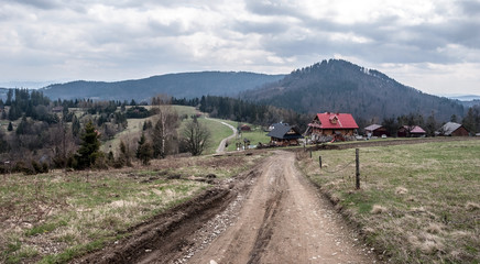 nice landscape of Silesian Beskids mountains bellow Cieslar hill