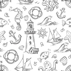 Nautical vector doodle seamless pattern with sea animals, sailboat and anchor