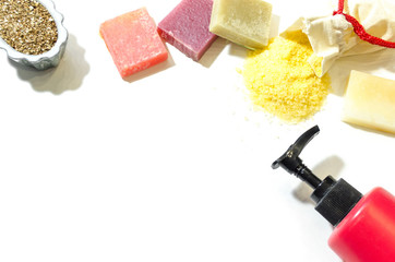 Soap, bath salt, sunscreen cream. Beauty spa and bathroom accessories flat lay background.
