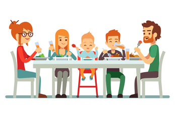 Happy big family eating dinner together vector illustration