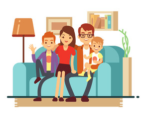 Smiling young happy family on sofa. Man, woman and their children in living room vector illustration
