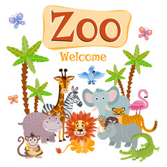 Fototapeta premium Zoo vector illustration with wild cartoon safari animals