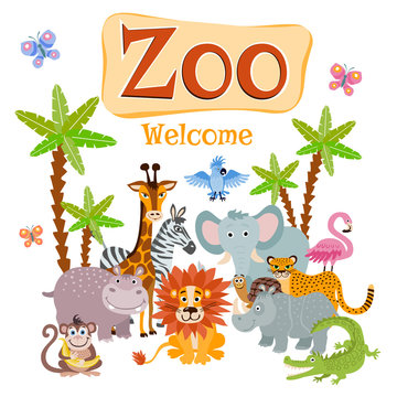 Zoo vector illustration with wild cartoon safari animals
