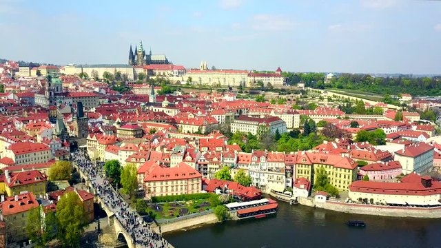 Prague Aerial. Charles Bridge, Mala Strana, Kampa and Prague Castle.