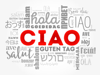 PrintCiao (Hello Greeting in Italian) word cloud in different languages of the world, background concept