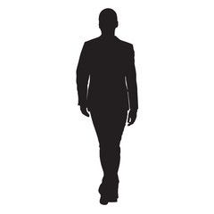 Business man walking forward, front view of adult man in suit, isolated vector silhouette
