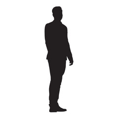 Young man standing in jacket, vector isolated silhouette