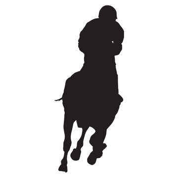 Horse Racing, Front View Of Running Horse With Jockey, Vector Silhouette