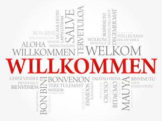 Willkommen (Welcome in German) word cloud in different languages, conceptual background