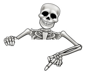 Obraz premium Cartoon Skeleton Pointing Sign