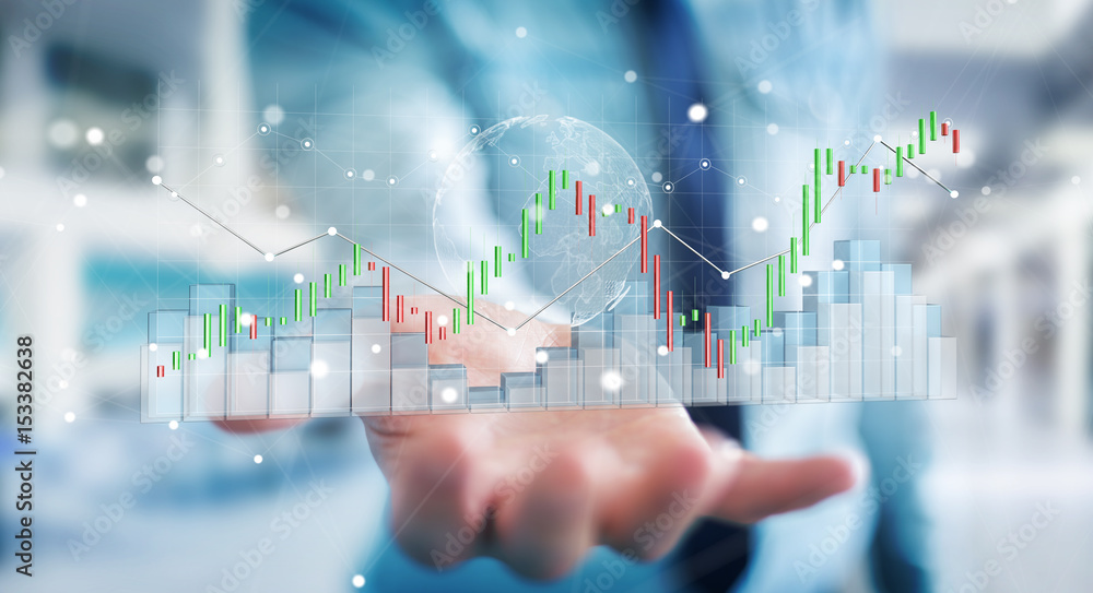 Poster businessman using digital 3d rendered stock exchange stats and charts