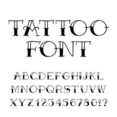 Tattoo font. Vintage style alphabet. Letters and numbers on white background. Vector typeface for your design.
