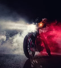 Papier Peint photo Moto Hacheur de moto haute puissance avec homme cavalier la nuit