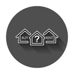 Buy or rent house. Home symbol with the question. Vector illustration with long shadow.