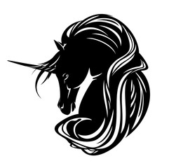 unicorn horse with long mane black and white vector design