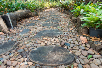 rock walk way and stump in beautiful garden