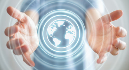 Businessman using web interface to surf on internet 3D rendering