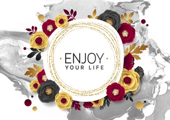 Rose Flower Poster Design. Grey Marble Texture Card. Shimmer Golden Banner Template. Vector Illustration Gold Foil Glitter Frame