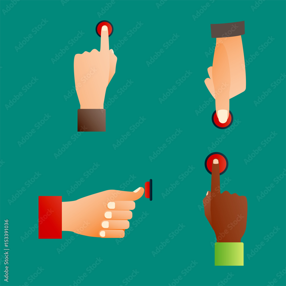 Poster hand press red button finger press control push pointer gesture human body part vector illustration.