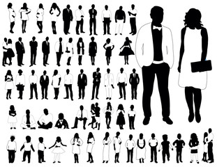Collection of black and white silhouettes of men and women
