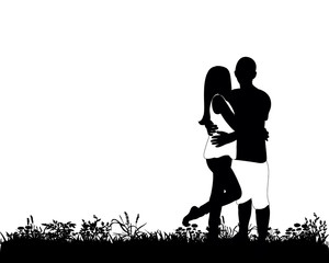 Silhouette of a guy and a girl are standing on grass  illustration