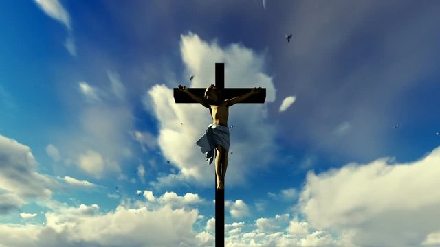 Jesus cross against heavenly blue sky with pigeons flying