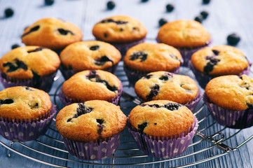 Homemade blueberry muffins on wooden background.