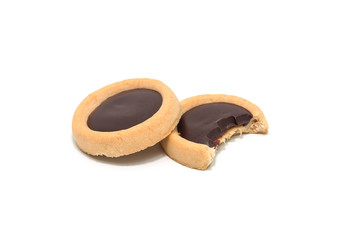 Cookie topping chocolate cream on white background.