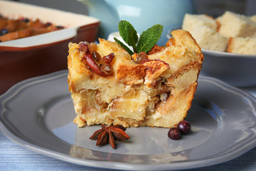 Delicious bread pudding on plate