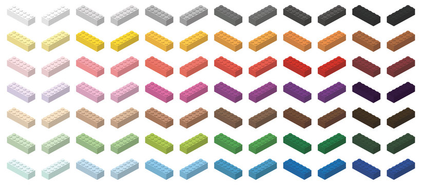 Children brick toy simple colorful bricks 6x2 high, isolated on white background
