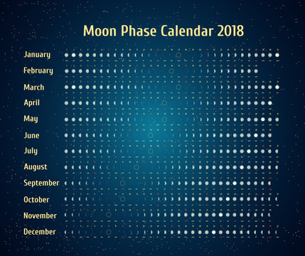 Vector astrological calendar for 2018. Moon phase calendar in the night starry sky. Creative lunar calendar with dates and days of the week on a white background ideas for your design