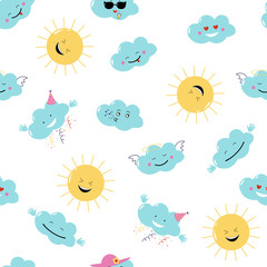 Fototapeta na wymiar Funny emoji clouds and sun. Vector Seamless pattern