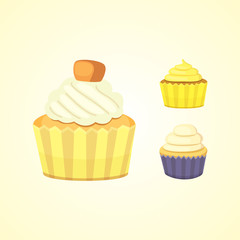 Set of cute vector cupcakes and muffins. Colorful cupcake isolated for food poster design.